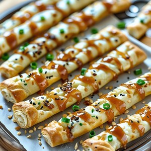 May include: Close-up of several baked pastry sticks, drizzled with a brown sauce and sprinkled with black sesame seeds, green onions, and nuts. The pastry is golden brown and appears flaky, arranged on a baking sheet.