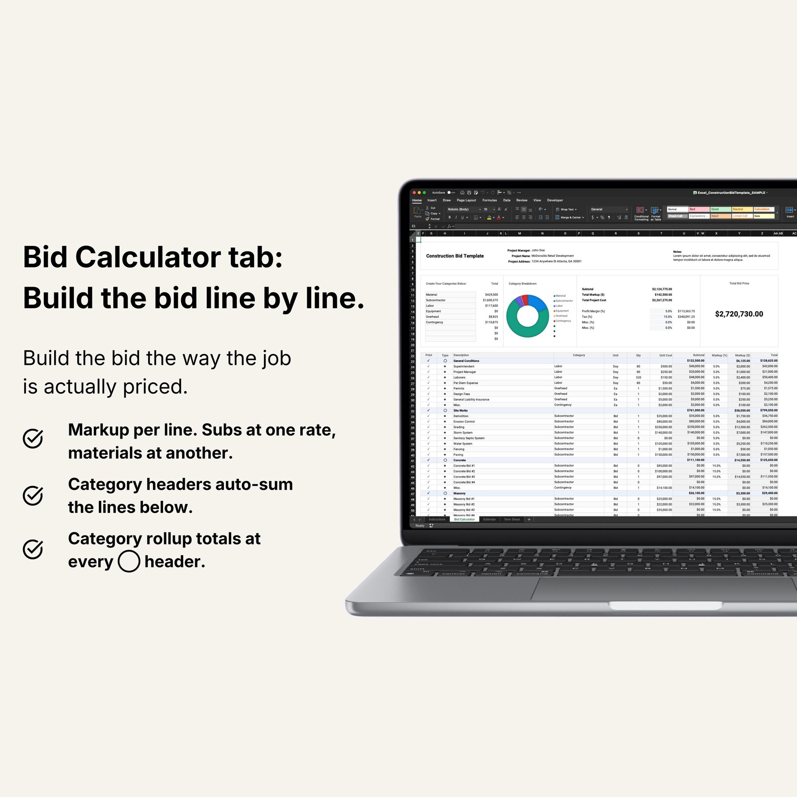 Construction Bid Template Excel for Contractors | Contractor Estimate ...
