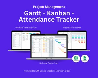 Project Management PRO, Gantt Chart, Kanban Board, Project Manager, Task Tracker, Project Planner, Excel Google Sheets, Productivity Planner