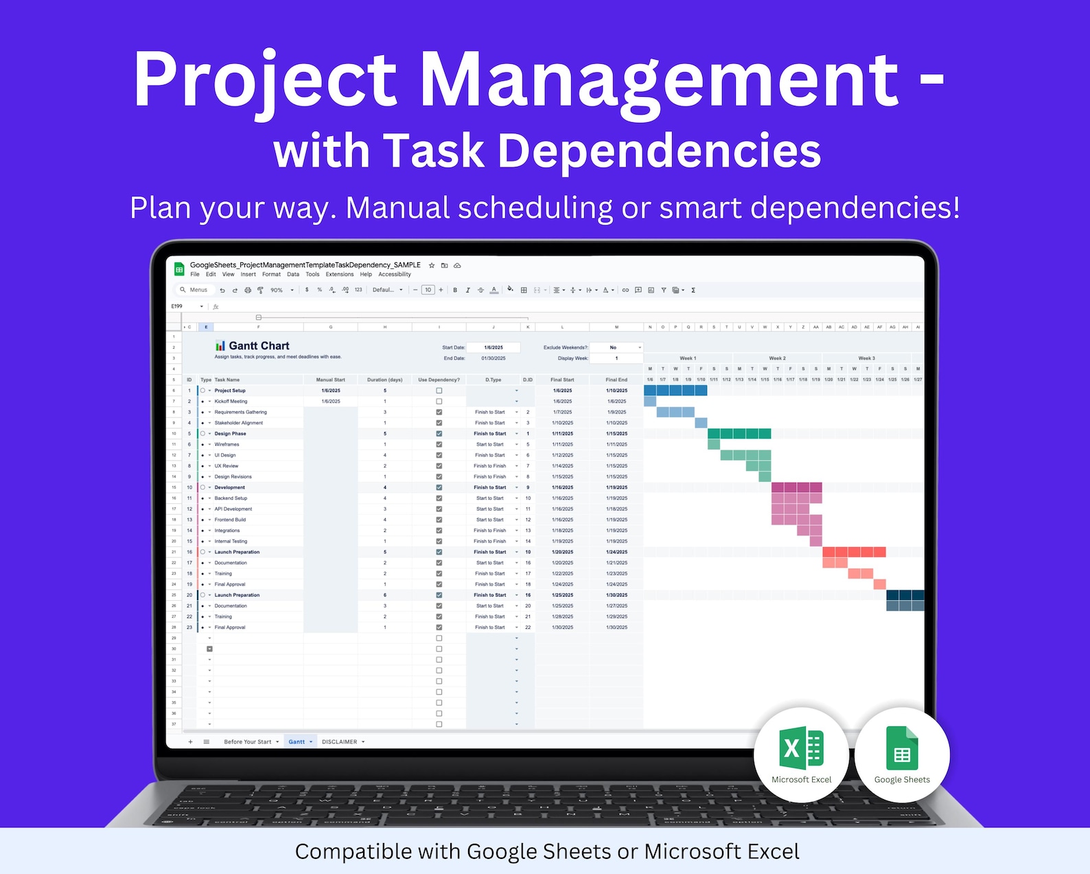 Project Planner Template With Task Dependencies and Gantt Chart | Excel ...