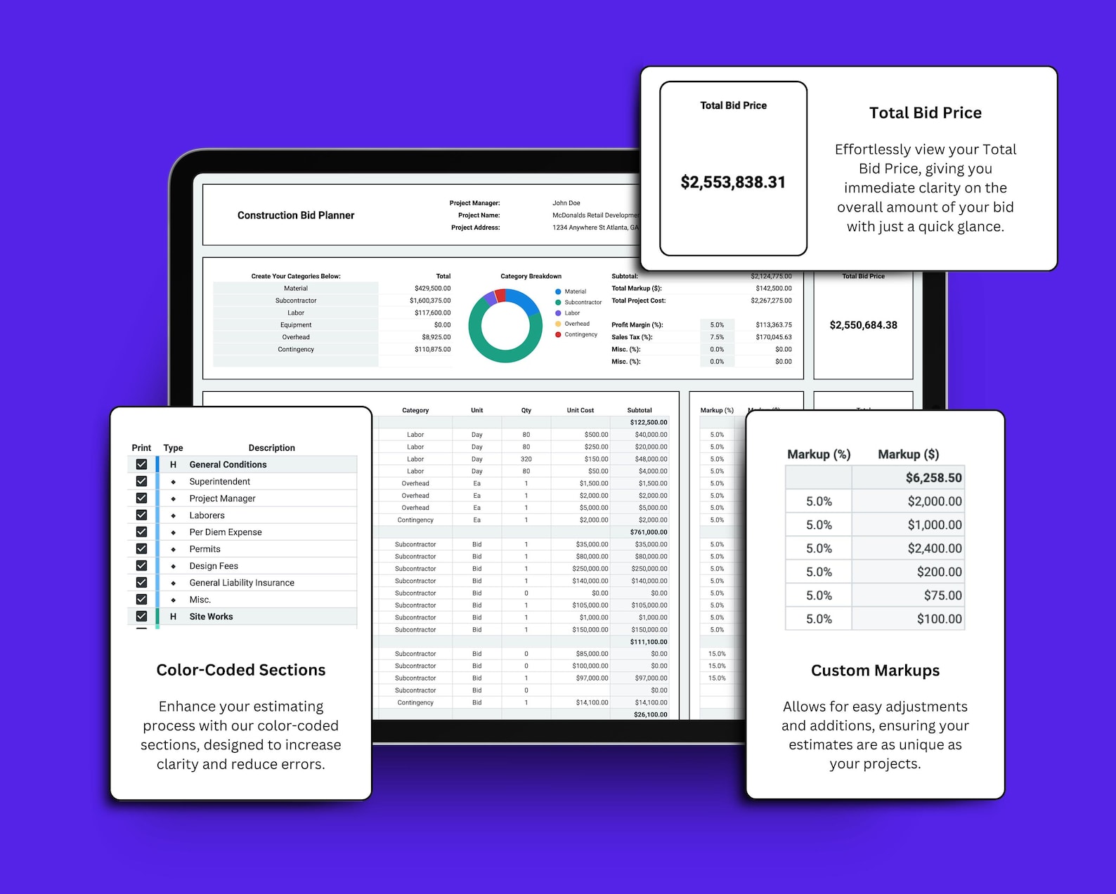 Easy Customization & Markups - Construction Bid Planner
