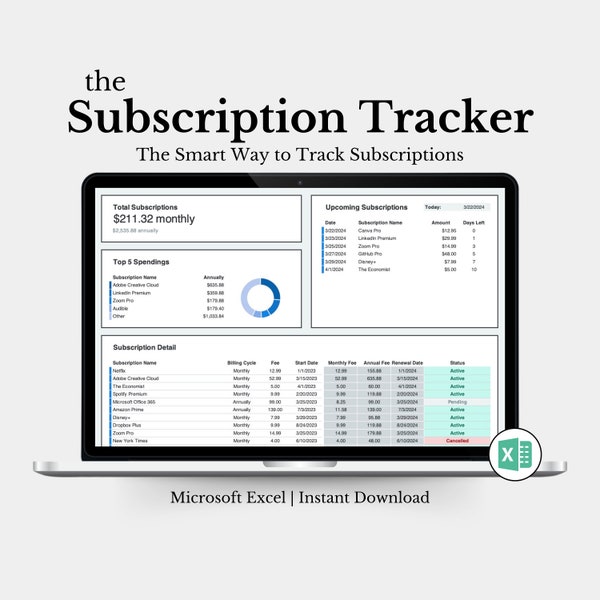 Monthly Subscription Tracker Spreadsheet, Subscription Organizer, Management Tool, Yearly Subscription Reminder, Monthly Bill Tracker