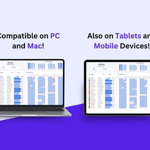 May include: A screenshot showing a calendar app on a laptop and a tablet. The app is called "January" and shows a calendar view with a list of events. The text "Compatible on PC and Mac!" is displayed above the laptop and the text "Also on Tablets and Mobile Devices!" is displayed above the tablet.