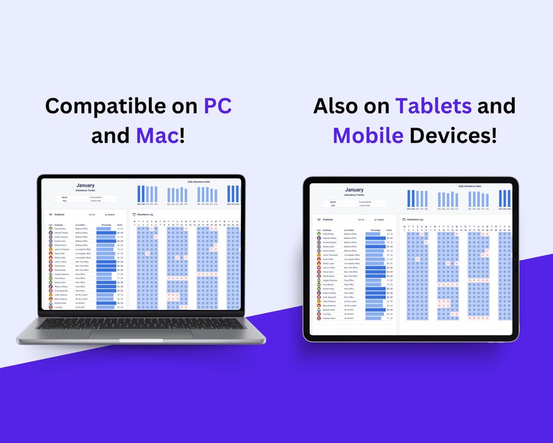 May include: A screenshot showing a calendar app on a laptop and a tablet. The app is called "January" and shows a calendar view with a list of events. The text "Compatible on PC and Mac!" is displayed above the laptop and the text "Also on Tablets and Mobile Devices!" is displayed above the tablet.