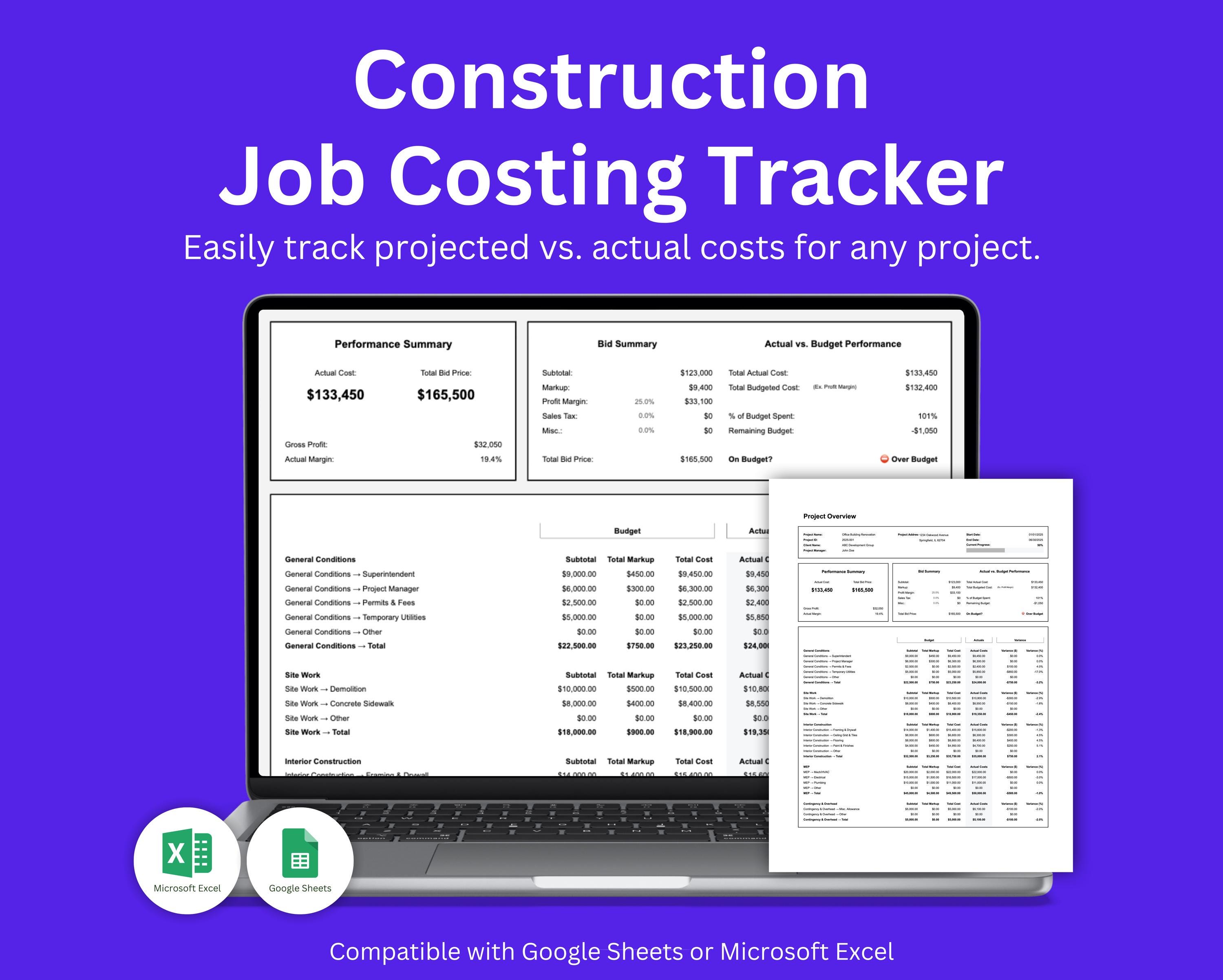 Construction Job Costing Template, Contractor Expense Tracking ...