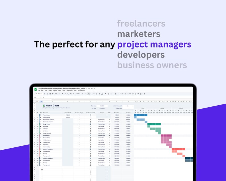 Project Planner Template With Task Dependencies and Gantt Chart | Excel ...
