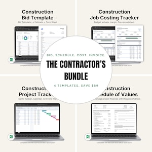 Construction Template Bundle Excel | Contractor Bid Estimate, Job Costing Tracker, Gantt Schedule, Pay Application