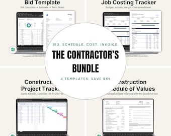 Construction Template Bundle Excel | Contractor Bid Estimate, Job Costing Tracker, Gantt Schedule, Pay Application