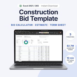 Peut inclure: Un modèle de soumission de construction numérique pour Excel 2021/365 affiché sur un écran d'ordinateur portable. Le modèle comprend un calculateur d'offre, un devis et un cahier des charges avec 3 onglets liés, un exemple de 2,7 M et un guide.
