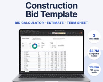 Construction Bid Template Excel for Contractors | Contractor Estimate Form, Job Bid Sheet, Quote Workbook