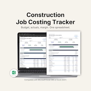 Könnte beinhalten: Ein Laptop mit einer Tabellenkalkulation zur Baukostenverfolgung. Der Text "Construction Job Costing Tracker" steht oben. Die Tabelle zeigt Budget-, Ist- und Margendaten. Kompatibel mit Microsoft Excel 365 oder Excel 2021+.