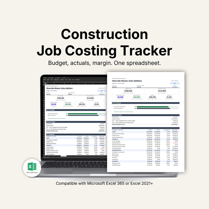 Construction Job Costing Excel Template for Contractors | Budget Vs ...