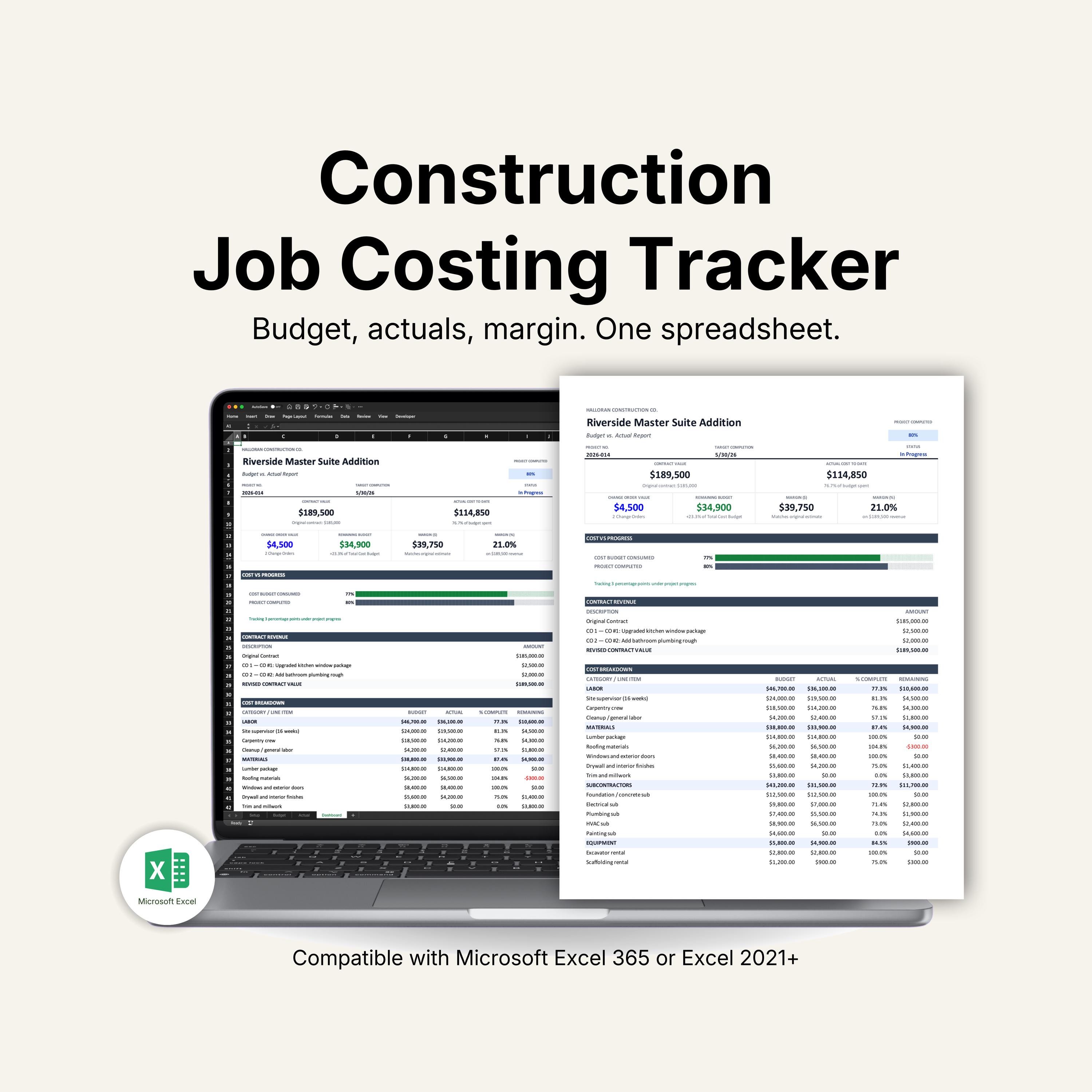Construction Job Costing Excel Template for Contractors | Budget Vs ...