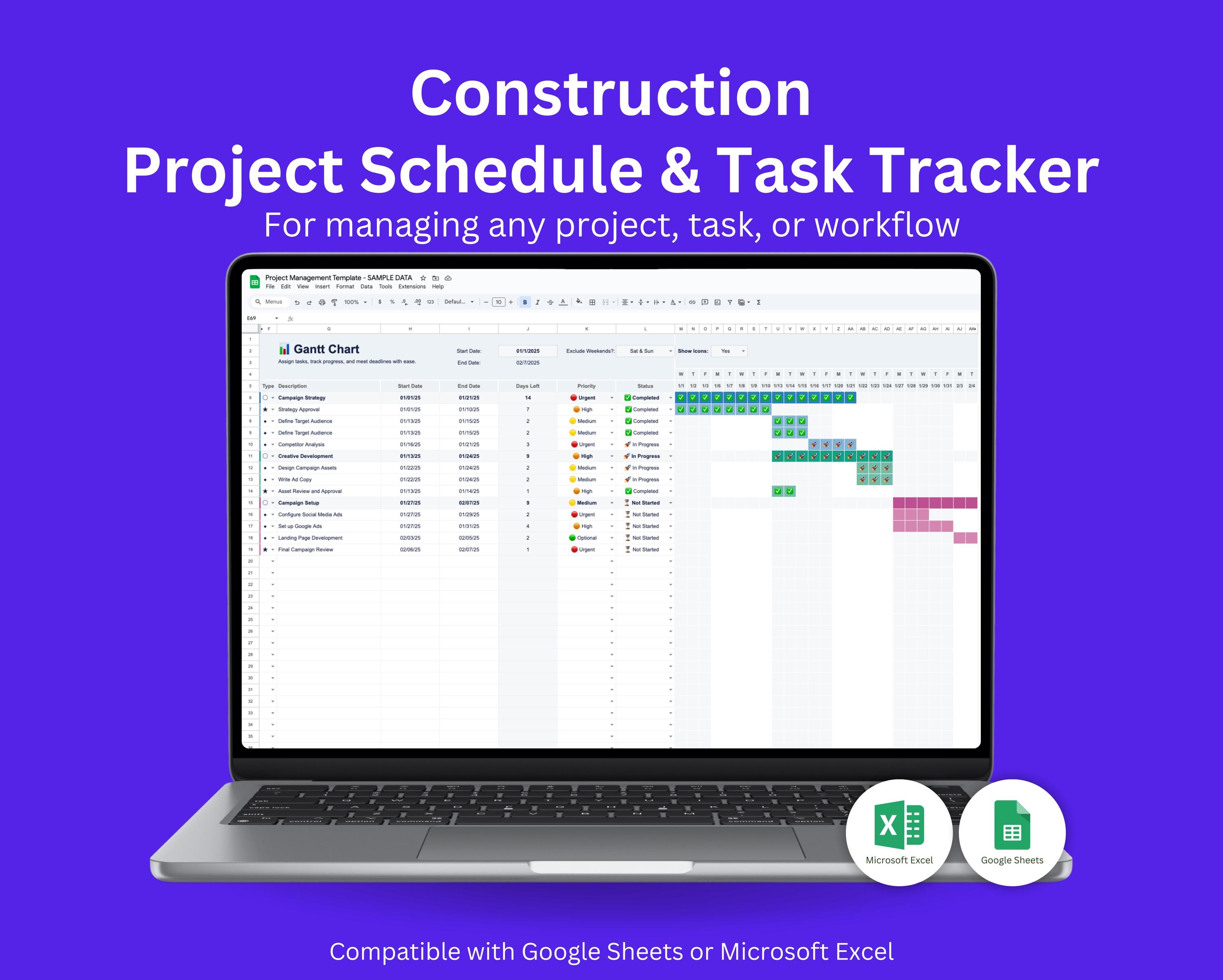 Construction Project Tracker | Project Management Excel Google Sheets | Bid Management | Construction Budget Planner | Post Construction