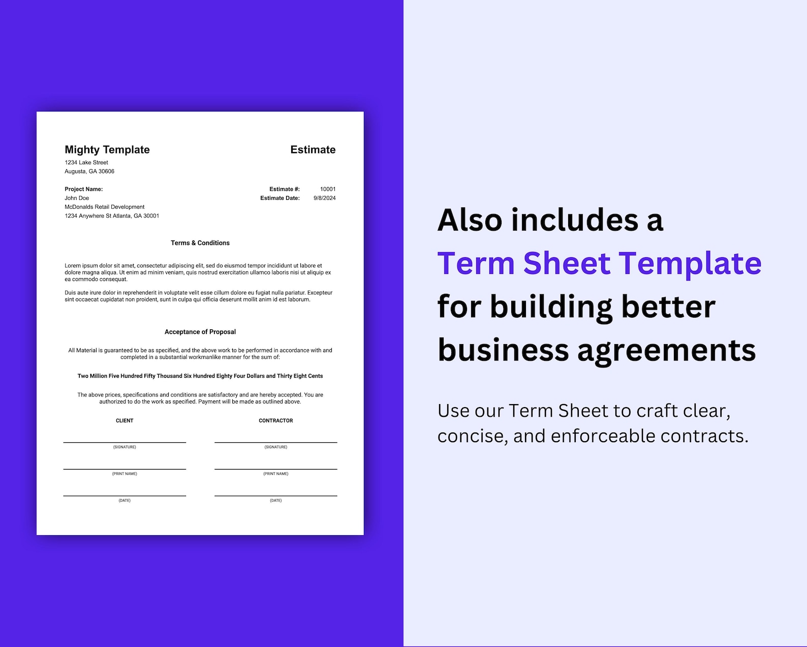 Includes Terms Sheet Template - Construction Bid Planner