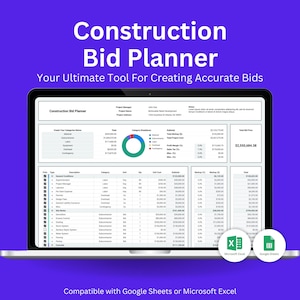 Bid & Estimate Planner, Bidding Template, Estimate Spreadsheet, Construction Tracker, Building Spreadsheet, Remodel Budget, Remodel Estimate