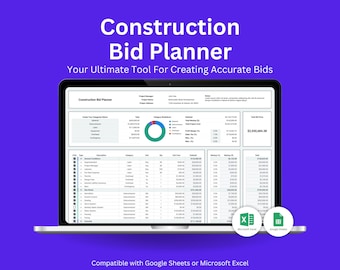 Bid & Estimate Planner, Bidding Template, Estimate Spreadsheet, Construction Tracker, Building Spreadsheet, Remodel Budget, Remodel Estimate