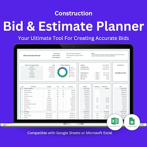 Bid & Estimate Planner, Bidding Template, Estimate Spreadsheet, Construction Tracker, Building Spreadsheet, Remodel Budget, Remodel Estimate