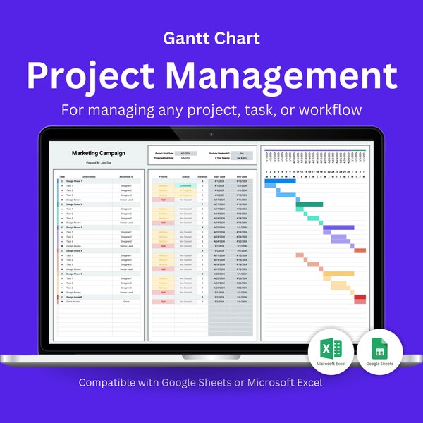 Project Management, Ultimate Gantt Chart, Time Management, Project Manager, Task Tracker, Project Planner, Excel, Google Sheet, Productivity