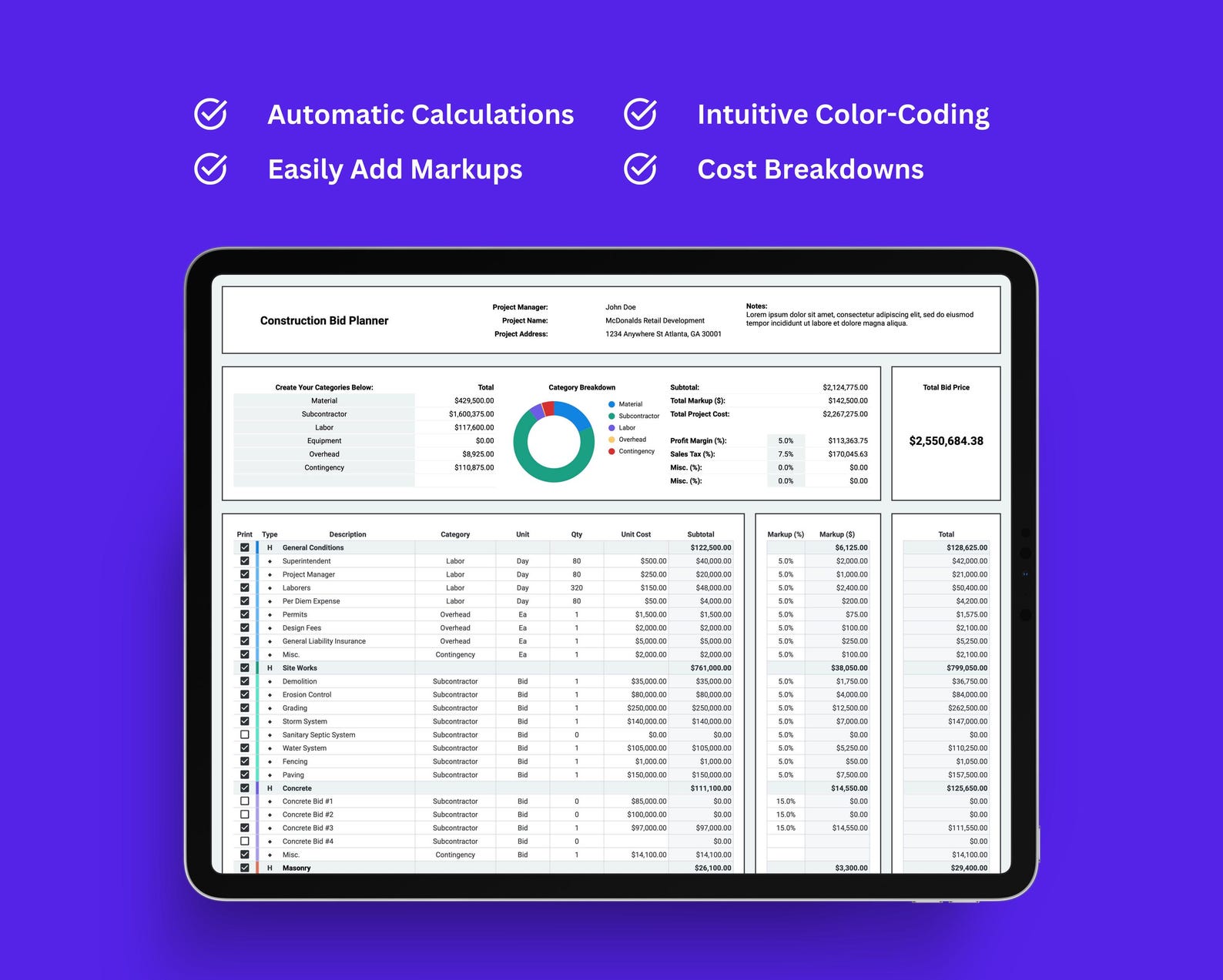 All-in-One Dashboard - Construction Bid Planner