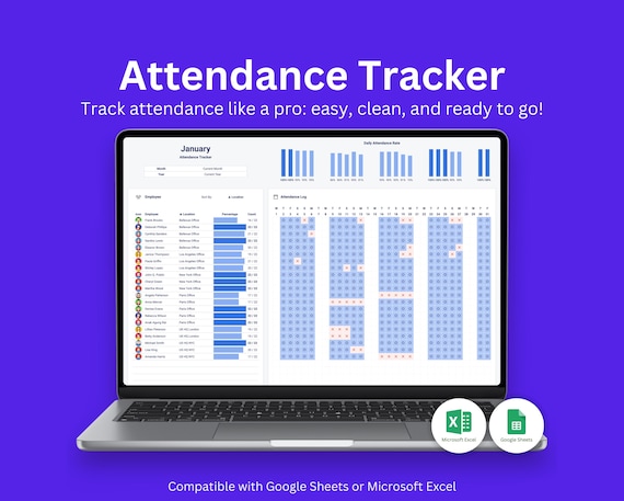 Attendance Tracker Google Sheets Excel | Employee Student Template