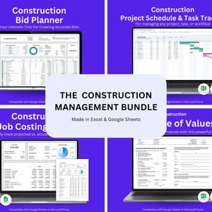 Può includere: Un pacchetto digitale di gestione delle costruzioni visualizzato su quattro laptop su uno sfondo viola. Il pacchetto include un pianificatore di offerte, un programma di progetto, calcolo dei costi e un tracker dei valori. Il testo "THE CONSTRUCTION MANAGEMENT BUNDLE" è centrato.