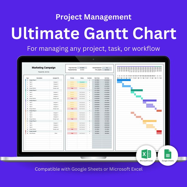 Ultimatives Gantt-Diagramm, Projektmanagement, Zeitmanagement, Projektleiter, Aufgabentracker, Projektplaner, Excel, Google Sheet, Produktivität