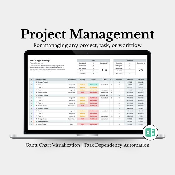 Project Management, Gantt Chart, Time Management, Project Manager, Task Tracker, Project Planner, Excel Template, Productivity Planner