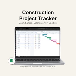 Construction Project Tracker Excel Template | Gantt Chart, Kanban Board, Job Schedule Calendar Planner