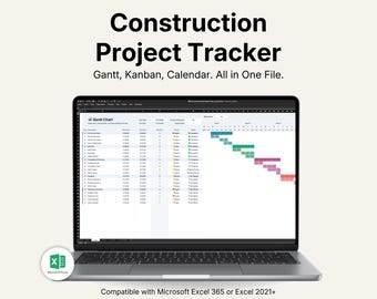 Construction Project Tracker Excel Template | Gantt Chart, Kanban Board, Job Schedule Calendar Planner