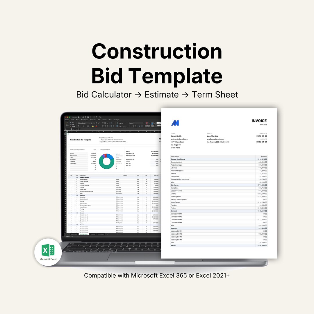 Construction Bid Template Excel for Contractors | Contractor Estimate ...