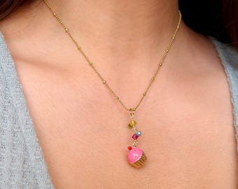 Confetti Cupcake Necklace: Gold Filled Enamel Charm, Gemstones & Crystal Beads, 18k Gold Stainless Steel