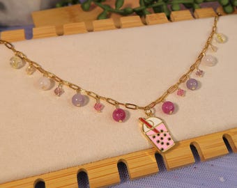 Boba Charm Necklace: Gold Filled, Genuine Gemstones, 18k Gold Stainless Steel, Bubble Tea Gift
