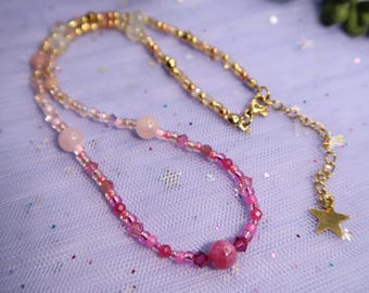 Pink Gemstone Beaded Choker: Rose Quartz, Pink Opal & Tourmaline, Handmade Crystal Jewelry