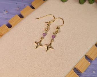 Amethyst Starburst Earrings: Gold filled charm, hypoallergenic hooks
