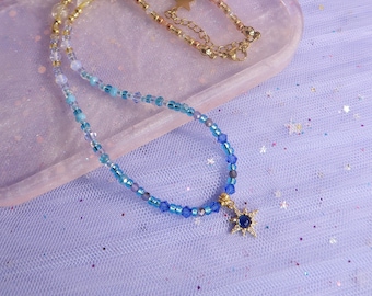 North Star Beaded Choker: 14k Gold Filled Pendant, Crystal Gemstone Necklace