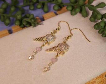 Rose Quartz Ice Cream Earrings: Hypoallergenic, Gold Filled Charm, Preciosa Crystals