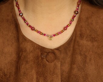 Pink and Gold Moon Necklace: Pink Jade, Preciosa Crystals, Glass Beads