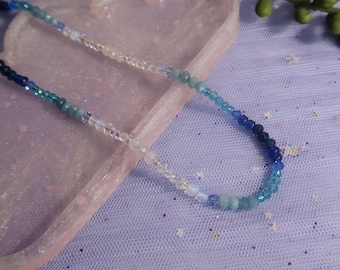 Blue Gemstone Beaded Choker: Aquamarine, Jade, and Opalite Crystal Necklace, Dainty Handmade Jewelry