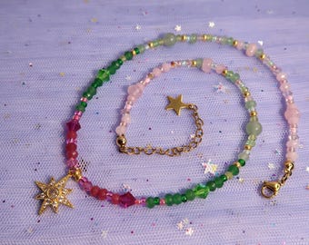Wicked Gemstone Choker: Emerald City Inspired Necklace, Jade, Rose Quartz, and Crystal Beads