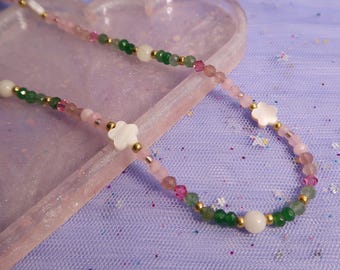 Floral Gemstone Beaded Necklace: Rose Quartz, Jade & Mother of Pearl, Wicked Inspired Jewelry