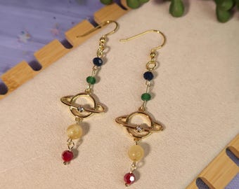 Saturn Gemstone Earrings: Natural stones and glass beads, Gold filled charms