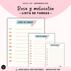 May include: Printable to-do list templates in three sizes: A4, A5, and A6. The design features a pink and peach colour scheme with a decorative washi tape accent. The text "Lista de Tareas" is written in Spanish, meaning "To-Do List".