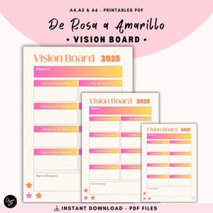 Könnte beinhalten: Drei druckbare Vision Board Vorlagen in Pink und Gelb mit dem Text "Vision Board 2025" und Abschnitten für persönliche, berufliche, gesundheitliche und finanzielle Ziele. Die Vorlagen sind in den Größen A4, A5 und A6 verfügbar.