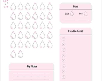 Op de afbeelding: Een roze en witte printbare menstruatietracker met een bloemenontwerp. De tracker bevat een kalender met regendruppels om dagen te markeren, een sectie om de start- en einddatums van een periode te noteren, een lijst om te volgen welke voedingsmiddelen te vermijden, en een sectie voor notities.