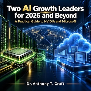 May include: A digital book cover titled Two AI Growth Leaders for 2026 and Beyond: A Practical Guide to NVIDIA and Microsoft by Dr. Anthony T. Craft. The graphic features a glowing green computer chip, server racks, and a blue cloud computing icon.