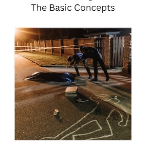 May include: A crime scene investigation at night with two police officers examining a body covered with a black sheet. The body outline is marked in white chalk on the asphalt. There are yellow evidence markers on the ground.