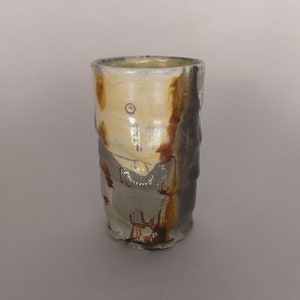 5.75&quot; Pint Tumbler, Wood and Soda Fired Ceramic Porcelain, Handmade, Wheel Thrown Pottery