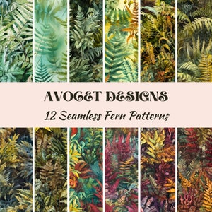May include: A collection of 12 seamless fern patterns in various shades of green, brown, and red. The patterns are perfect for creating digital or printed designs.