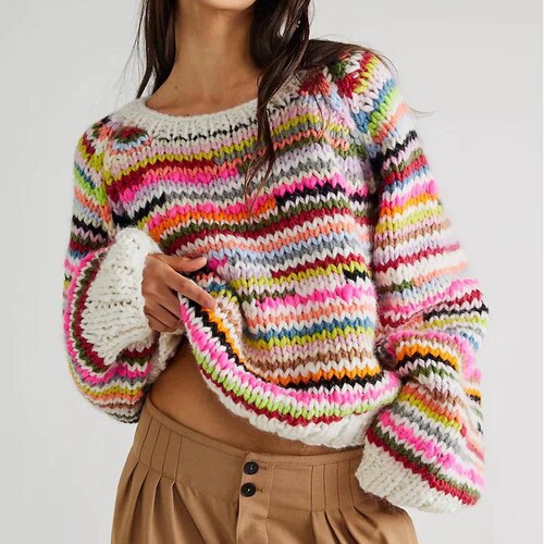 Crochet Striped Colorful Sweater Pullover Cozy Sweater Warm - Etsy